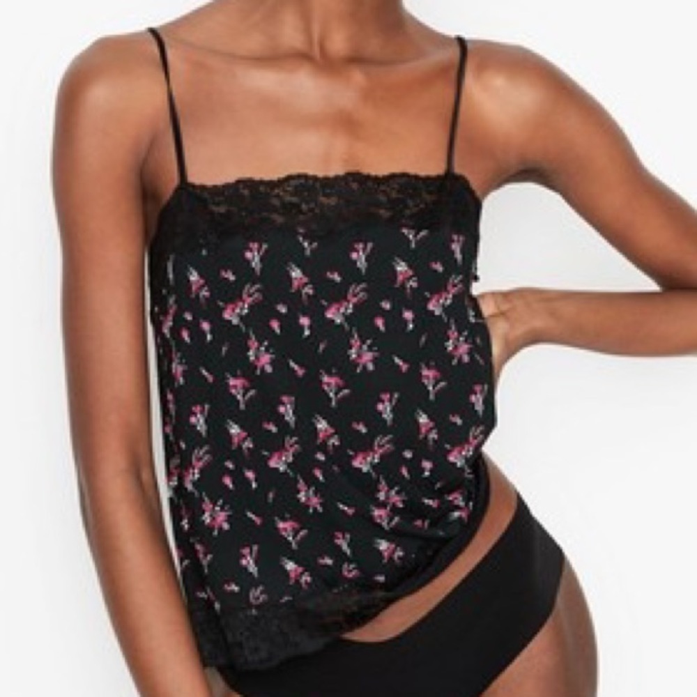 🌹Victoria's Secret Black Red Modal Floral Print Lace-Trim Lounge Sleep Cami Top